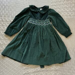 Vintage Dark Green Long Sleeve Smocked Girls Dress